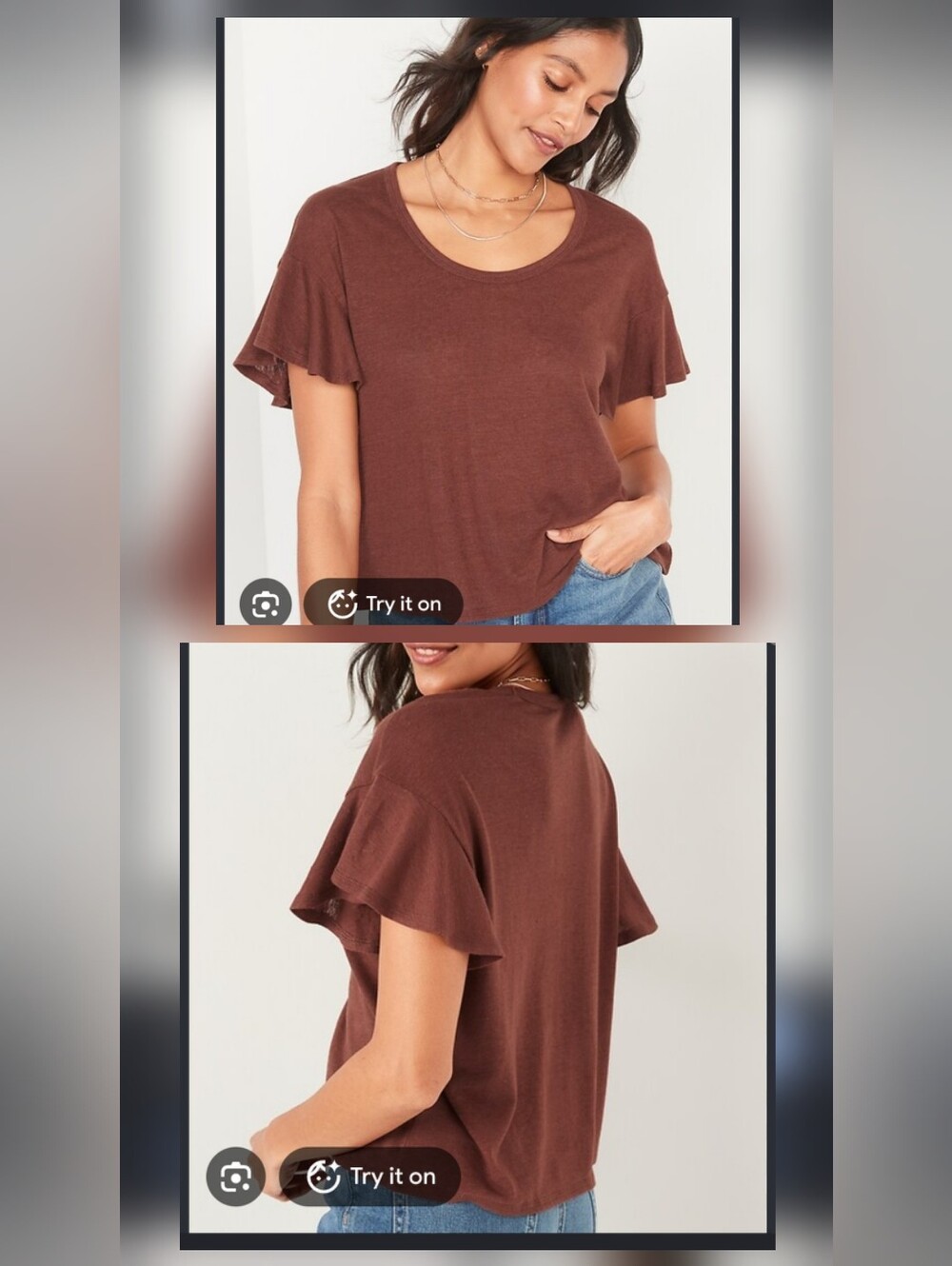 Old Navy Brown Flutter Sleeve Scoop-Neck Linen-Jersey Easy T-Shirt Large L EUC